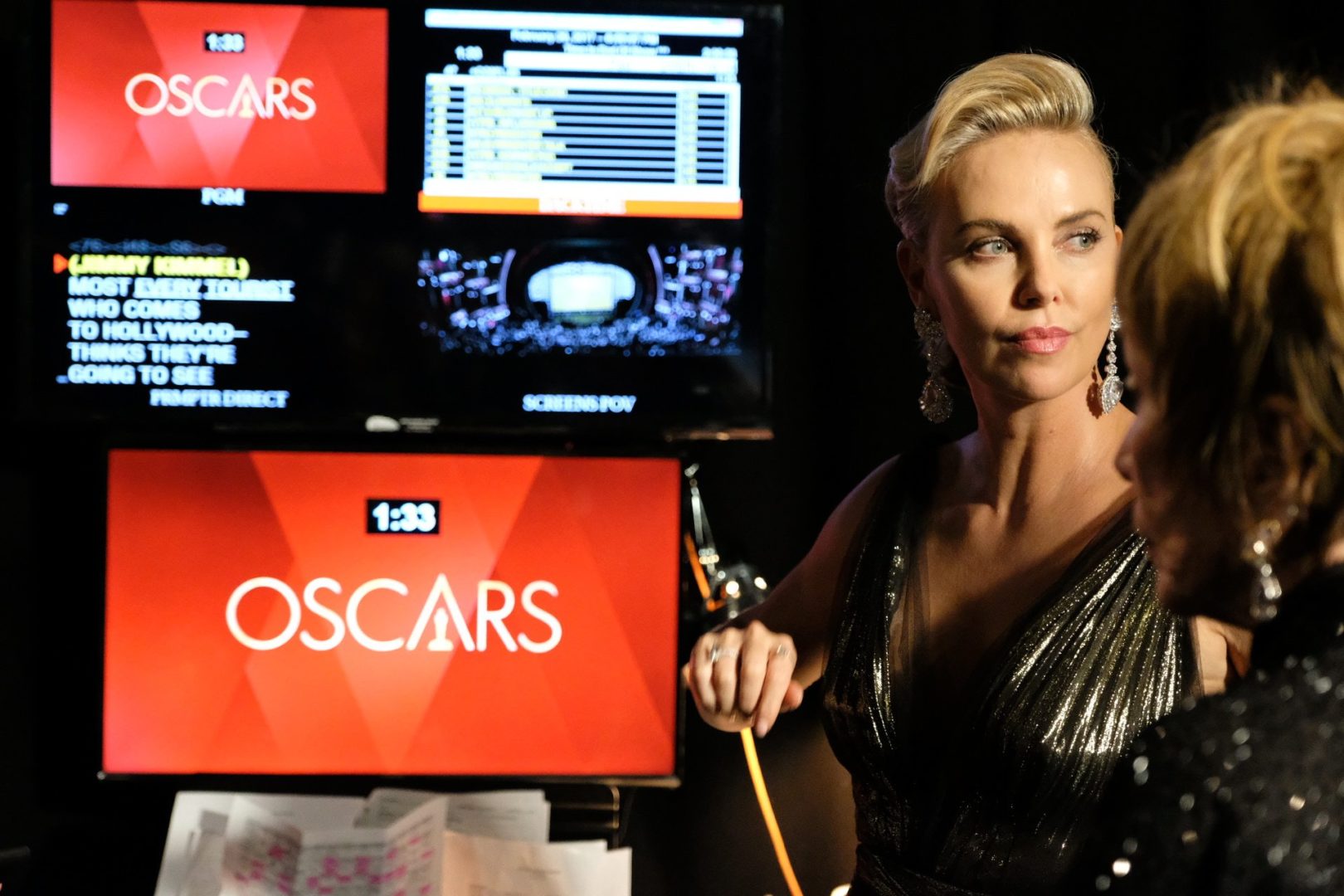 Charlize Theron no backstage do Oscar, aguardando o momento de apresentar uma das categorias da premiação (crédito: AMPAS)