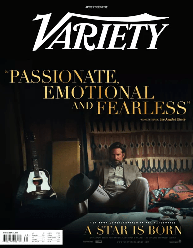 A Warner Bros. fez um anúncio de capa na Variety para promover 'Nasce Uma Estrela' durante a temporada de premiações de 2019 (crédito: reprodução / Variety)