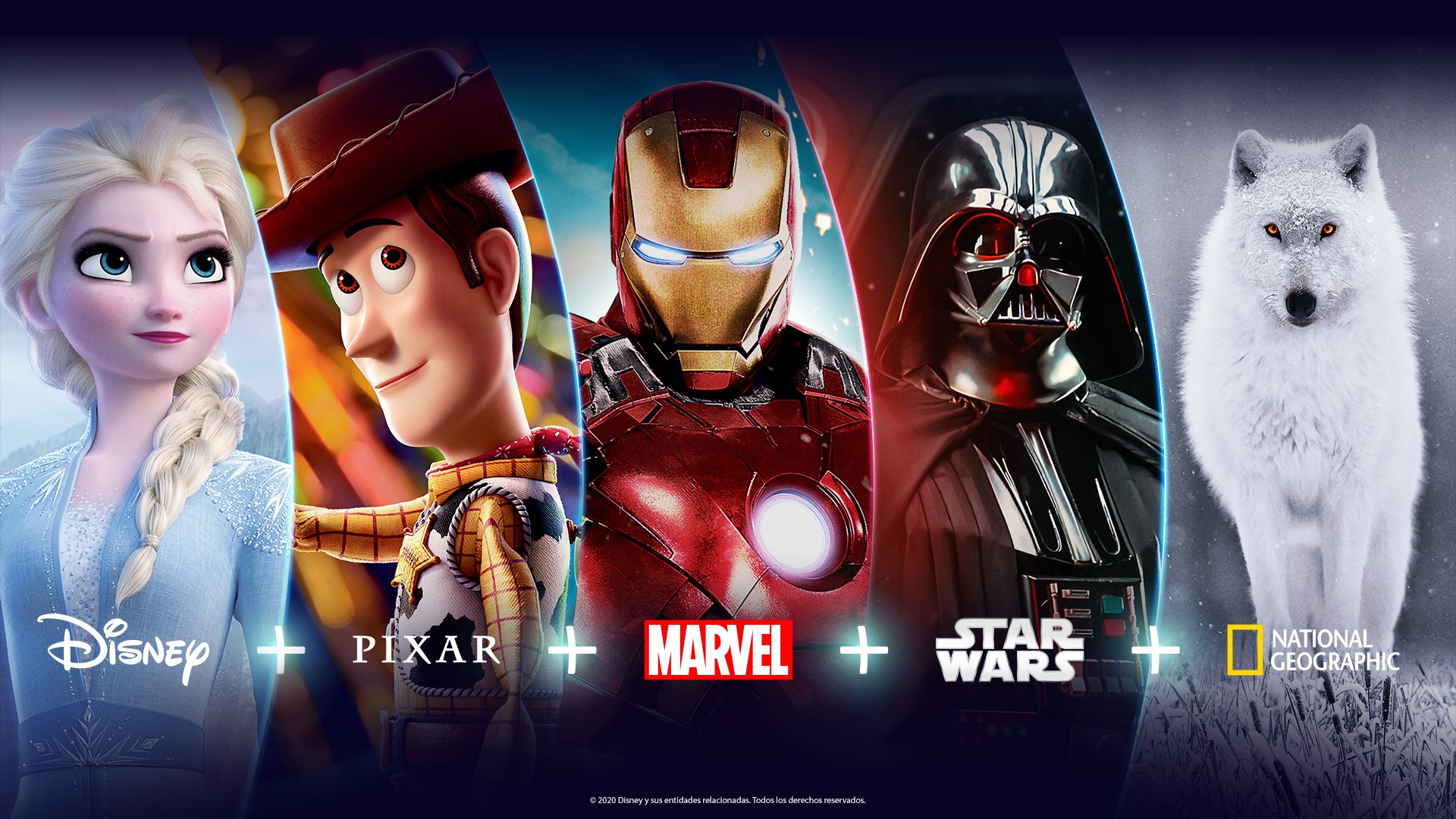 Disney+ e suas cinco marcas: Disney, Pixar, Marvel, Star Wars e National Geographic