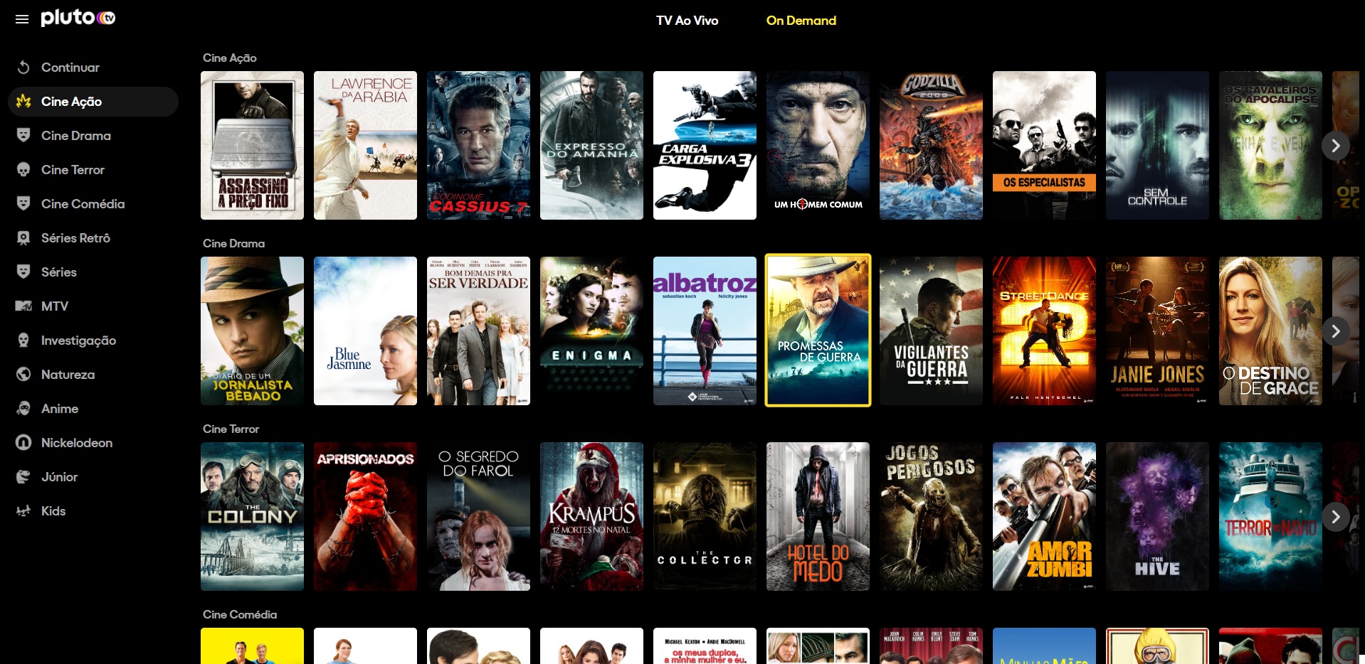 menu de filmes de ação no site da Pluto TV