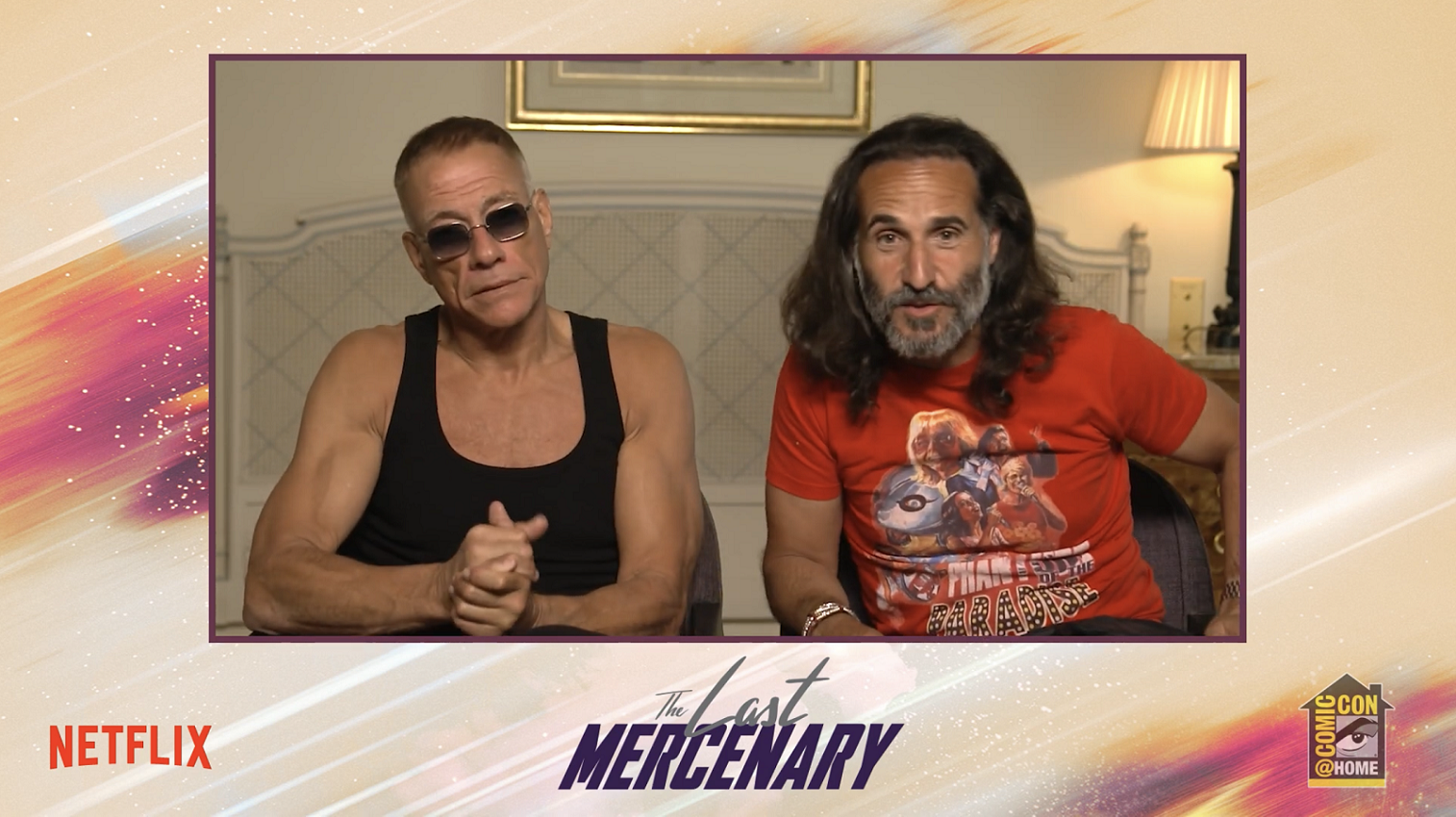 Jean-Claude Van Damme e David Charhon no painel virtual de 'O Último Mercenário' na Comic-Con (Foto: reprodução / Comic-Con International / Netflix)