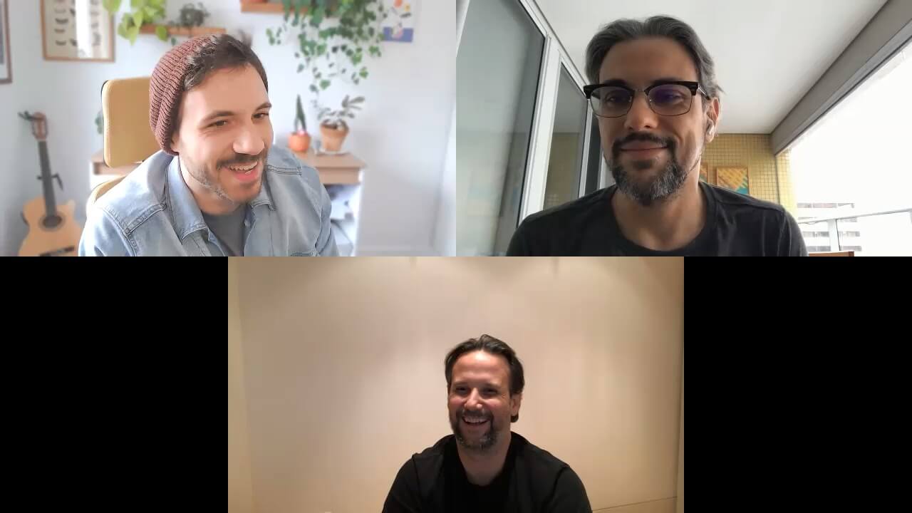 Victor Sampaio, no canto superior esquerdo, e Carlos Lutterbach, na parte inferior, conversam com o Filmelier sobre a produção de Ron Bugado (Crédito: Filmelier)