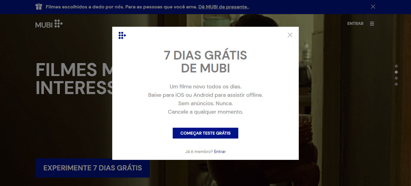 A todos os novos assinantes, a MUBI já dá sete dias grátis (crédito: reprodução / MUBI)