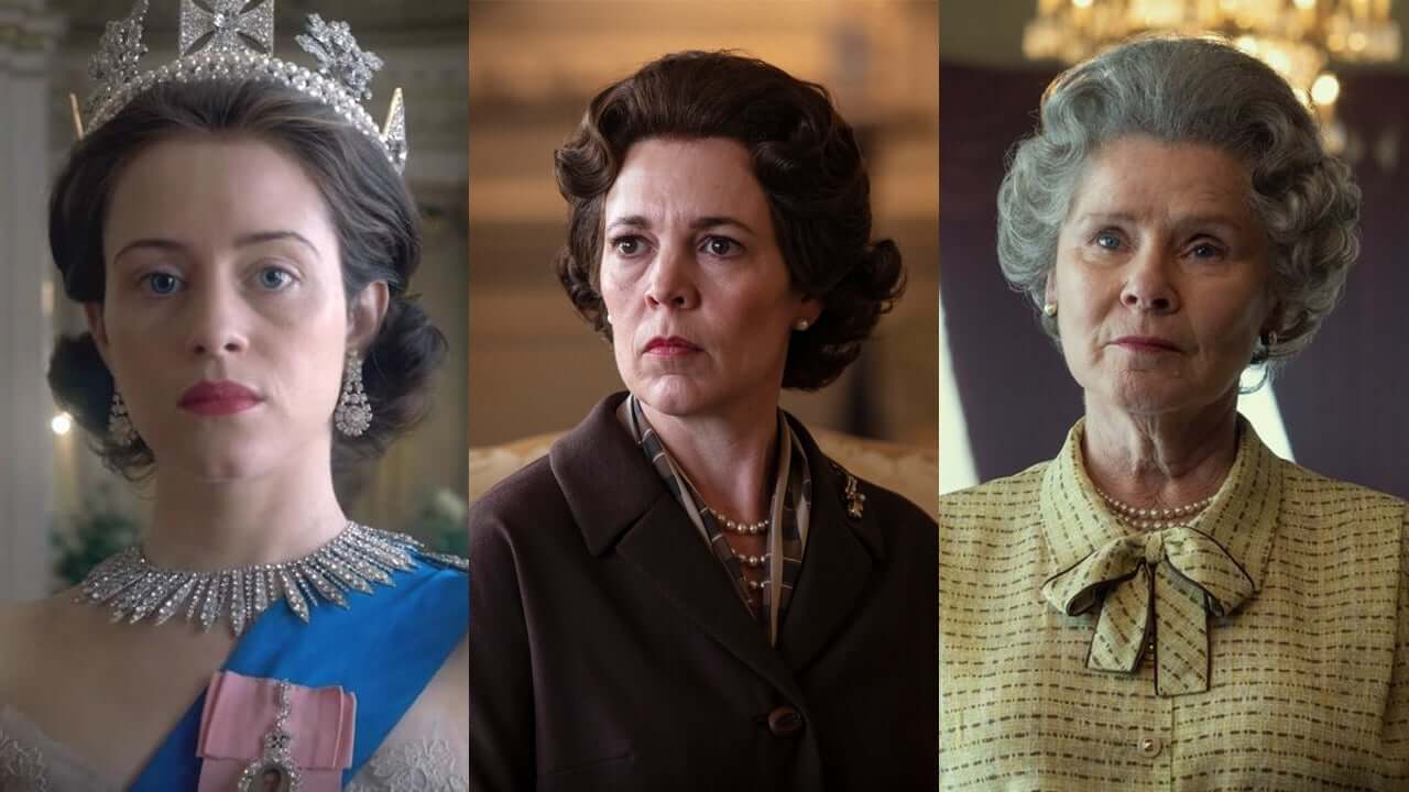As transformações de Elizabeth II em 'The Crown', respectivamente interpretada por Claire Foy, Olivia Colman e Imelda Staunton (crédito: montagem sobre divulgação/Netflix)
