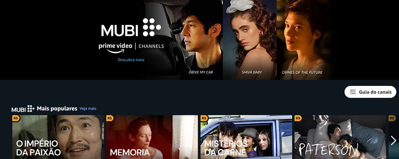 Interface da MUBI como um canal do Prime Video