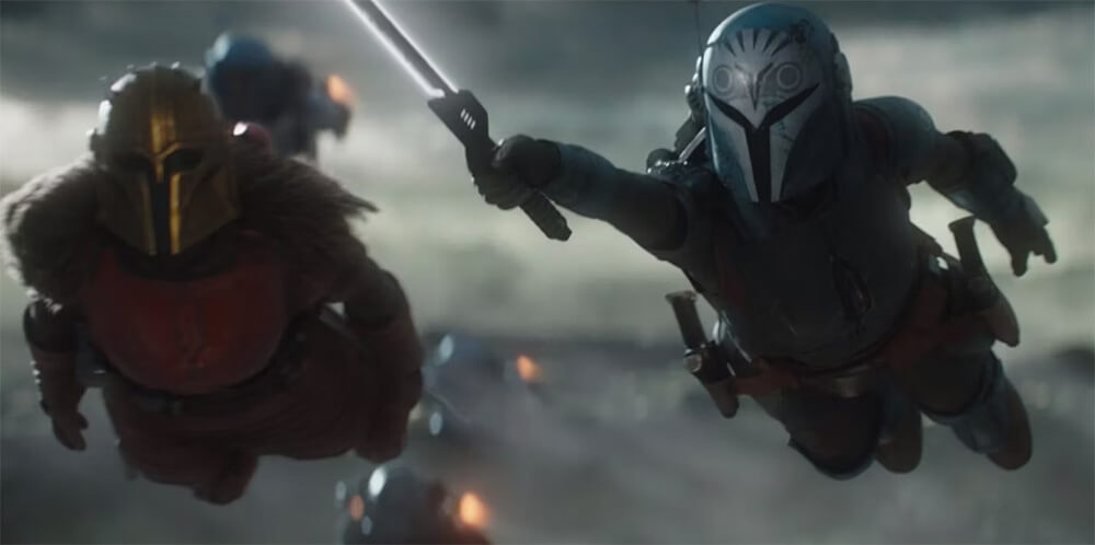 Bo-Katan e os Mandalorianos em duelo aéreo na 3ª temporada de 'The Mandalorian'