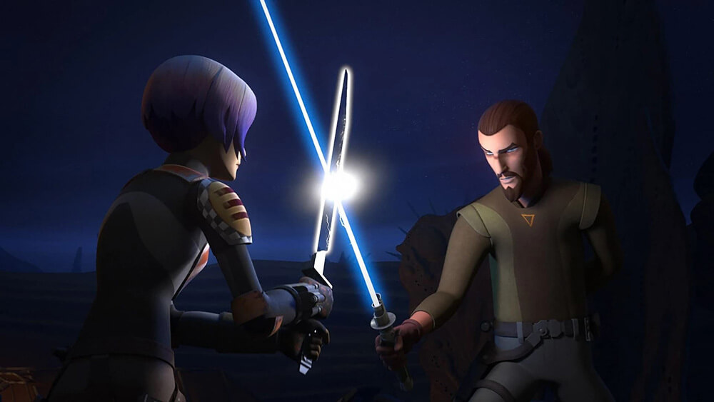 Sabine Wren treina com Kanan Jarrus a arte da luta com sabre de luz