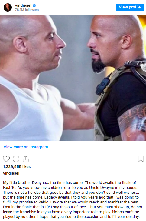 Vin Diesel pide a Dwayne Johnson que regrese para 'Rápidos y Furiosos 10'