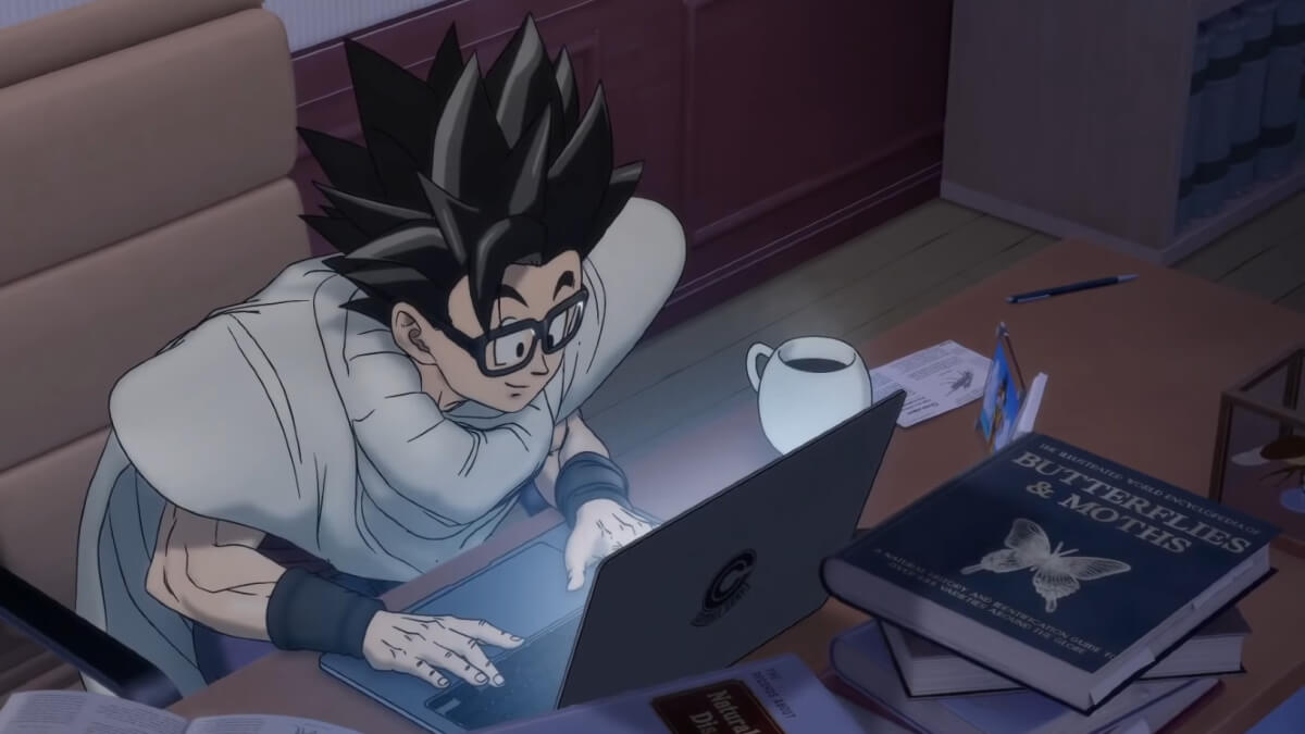 Gohan usando una computadora en Dragon Ball Super Super Hero 