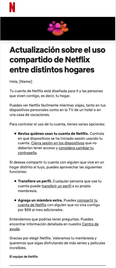 Mail de Netflix por contraseñas compartidas